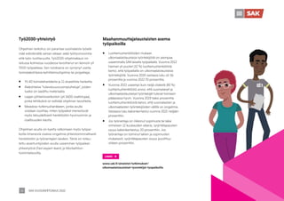 SAK VUOSIKERTOMUS 2022
35
Työ2030-yhteistyö
Ohjelman tarkoitus on parantaa suomalaista työelä-
mää edistämällä saman aikaan sekä työhyvinvointia
että työn tuottavuutta. Työ2030-ohjelmakausi on
reilussa kolmessa vuodessa tavoittanut eri keinoin yli
7000 työpaikkaa. Sen tuloksena on syntynyt useita
toimialakohtaisia kehittämisohjelmia tai projekteja:
ƒ Yli 40 toimialahankkeita ja 11 alueellista hanketta.
ƒ Alakohtaisia ”tulevaisuusvuoropuheluja”, joiden
tueksi on laadittu materiaalia.
ƒ Laajan johtamisverkoston (yli 5600 osallistujaa),
jonka tehtävänä on edistää ohjelman tavoitteita.
ƒ Meadow-tutkimushankkeen, jonka avulla
voidaan osoittaa, miten työpaikat menestyvät
myös taloudellisesti henkilöstön hyvinvoinnin ja
osallisuuden kautta.
Ohjelman avulla on kyetty ratkomaan myös työpai-
koilla ilmeneviä visaisia ongelmia yhteistoiminnallisesti
henkilöstön ja työnantajien kesken. Tämä on toteu-
tettu asiantuntijoiden avulla useamman työpaikan
yhteistyönä (Fast expert team) ja Workathlon-
toimintatavoilla.
Maahanmuuttajataustaisten asema
työpaikoilla
ƒ Luottamushenkilöiden mukaan
ulkomaalaistaustaisia työntekijöitä on aiempaa
useammalla SAK:laisella työpaikalla. Vuonna 2012
hieman yli puolet (52 %) luottamushenkilöistä
kertoi, että työpaikalla on ulkomaalaistaustaisia
työntekijöitä. Vuonna 2019 vastaava luku oli 56
prosenttia ja vuonna 2022 70 prosenttia.
ƒ Vuonna 2022 useampi kuin neljä viidestä (83 %)
luottamushenkilöstö arvioi, että suomalaiset ja
ulkomaalaistaustaiset työntekijät tulevat toimeen
pääasiassa hyvin. Vuonna 2019 kaksi prosenttia
luottamushenkilöistä katsoi, että suomalaisten ja
ulkomaalaisten työntekijöiden välillä on ongelmia.
Vastaava luku kaksinkertaistui vuonna 2022 neljään
prosenttiin.
ƒ Jos työnantaja on rikkonut sopimusta tai lakia
viimeisen 12 kuukauden aikana, syrjintätapausten
osuus kaksinkertaistuu 20 prosenttiin. Jos
työnantaja on toiminut lakien ja sopimusten
mukaisesti, syrjintätapausten osuus puolittuu
viiteen prosenttiin.
LINKKI
www.sak.fi/aineistot/tutkimukset/
ulkomaalaistaustaiset-tyontekijat-tyopaikoilla
 