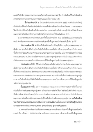 ข้อมูลสารสนเทศทางการศึกษาจังหวัดสระแก้ว ปีการศึกษา 2563
56 | ห น้ า
และสังกัดสำนักงานคณะกรรมการการส่งเสริมการศึกษาเอกชน ตามลำดับ ส่วนนักเรียนที่ศึกษาในโรงเรียน
สังกัดสำนักงานพระพุทธศาสนาแห่งชาติมีจำนวนน้อยที่สุด ร้อยละ 0.21
ชั้นมัธยมศึกษาปีที่ 6 นักเรียนเข้ารับการทดสอบจำนวน 2,660 คน นักเรียนส่วนใหญ่
เป็นนักเรียนที่ศึกษาในโรงเรียนสังกัดสำนักงานเขตพื้นที่การศึกษามัธยมศึกษา ร้อยละ 72.18 รองลงมา
ได้แก่นักเรียนที่ศึกษาในโรงเรียนสังกัดกรมส่งเสริมการปกครองส่วนท้องถิ่น ส่วนนักเรียนสังกัดสำนักงาน
คณะกรรมการส่งเสริมการศึกษาเอกชนเข้าร่วมรับการทดสอบครั้งนี้คิดเป็นร้อยละ 1.73
2. ผลการทดสอบทางการศึกษาระดับชาติขั้นพื้นฐานปีการศึกษา 2562 ของโรงเรียนในจังหวัดสระแก้ว
พบว่า ค่าเฉลี่ยผลการทดสอบทางการศึกษาระดับชาติขั้นพื้นฐาน ของนักเรียนระดับชั้นต่าง ๆ ดังนี้
ชั้นประถมศึกษาปีที่ 6 ที่ศึกษาในจังหวัดสระแก้ว มีค่าเฉลี่ยต่ำกว่าระดับประเทศทุกกลุ่มสาระ
เมื่อพิจารณารายสังกัด ได้แก่โรงเรียนในสังกัดสำนักงานเขตพื้นที่การศึกษาประถมศึกษา สำนักงานเขต
พื้นที่การศึกษามัธยมศึกษา สังกัดกรมการส่งเสริมการปกครองส่วนท้องถิ่น และสังกัดกองบัญชาการตำรวจ
ตระเวนชายแดน พบว่า มีค่าเฉลี่ยต่ำกว่าระดับประเทศทุกกลุ่มสาระ ยกเว้นโรงเรียนในสังกัดสังกัด
สำนักงานคณะกรรมการส่งเสริมการศึกษาเอกชนที่มีค่าเฉลี่ยสูงกว่าระดับประเทศทุกกลุ่มสาระ
ชั้นมัธยมศึกษาปีที่ 3 ที่ศึกษาในจังหวัดสระแก้ว มีค่าเฉลี่ยต่ำกว่าระดับประเทศทุกกลุ่มสาระ
เมื่อพิจารณารายสังกัด ได้แก่โรงเรียนในสังกัดสำนักงานเขตพื้นที่การศึกษาประถมศึกษา สำนักงานเขต
พื้นที่การศึกษามัธยมศึกษา สังกัดกรมการส่งเสริมการปกครองส่วนท้องถิ่น สังกัดกองบัญชาการตำรวจ
ตระเวนชายแดน และสังกัดสำนักงานพระพุทธศาสนาแห่งชาติ พบว่า มีค่าเฉลี่ยต่ำกว่าระดับประเทศทุกกลุ่ม
สาระ ยกเว้นโรงเรียนในสังกัดสังกัดสำนักงานคณะกรรมการส่งเสริมการศึกษาเอกชนที่มีค่าเฉลี่ยสูงกว่า
ระดับประเทศทุกกลุ่มสาระ
ชั้นมัธยมศึกษาปีที่ 6 พบว่า ค่าเฉลี่ยผลการทดสอบทางการศึกษาระดับชาติขั้นพื้นฐานมี
ค่าเฉลี่ยต่ำกว่าระดับประเทศทุกกลุ่มสาระ เมื่อพิจารณารายสังกัด ได้แก่ โรงเรียนในสังกัดสำนักงานเขต
พื้นที่การศึกษามัธยมศึกษา สังกัดกรมการส่งเสริมการปกครองส่วนท้องถิ่น และสังกัดสำนักงาน
คณะกรรมการส่งเสริมการศึกษาเอกชนพบว่ามีค่าเฉลี่ยต่ำกว่าระดับประเทศทุกกลุ่มสาระ ยกเว้นโรงเรียน
ในสังกัดสำนักงานคณะกรรมการส่งเสริมการศึกษาเอกชนที่มีค่าเฉลี่ยในกลุ่มสาระการเรียนรู้ภาษาไทย
และกลุ่มสาระการเรียนรู้ภาษาต่างประเทศ (ภาษาอังกฤษ) สูงกว่าระดับประเทศ
3. ผลการเปรียบเทียบค่าเฉลี่ยผลการทดสอบทางการศึกษาระดับชาติขั้นพื้นฐานของจังหวัด
สระแก้วปีการศึกษา 2559-2562 พบว่าค่าเฉลี่ยผลการทดสอบทางการศึกษาระดับชาติขั้นพื้นฐานของ
 