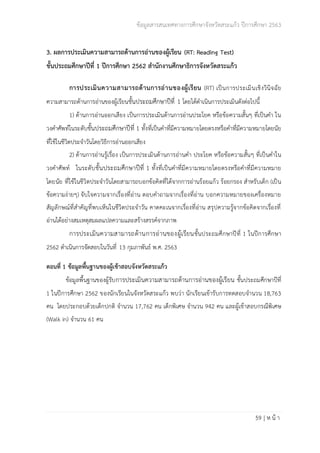 ข้อมูลสารสนเทศทางการศึกษาจังหวัดสระแก้ว ปีการศึกษา 2563
59 | ห น้ า
3. ผลการประเมินความสามารถด้านการอ่านของผู้เรียน (RT: Reading Test)
ชั้นประถมศึกษาปีที่ 1 ปีการศึกษา 2562 สำนักงานศึกษาธิการจังหวัดสระแก้ว
การประเมินความสามารถด้านการอ่านของผู้เรียน (RT) เป็นการประเมินเชิงวินิจฉัย
ความสามารถด้านการอ่านของผู้เรียนชั้นประถมศึกษาปีที่ 1 โดยได้ดำเนินการประเมินดังต่อไปนี้
1) ด้านการอ่านออกเสียง เป็นการประเมินด้านการอ่านประโยค หรือข้อความสั้นๆ ที่เป็นคำ ใน
วงคำศัพท์ในระดับชั้นประถมศึกษาปีที่ 1 ทั้งที่เป็นคำที่มีความหมายโดยตรงหรือคำที่มีความหมายโดยนัย
ที่ใช้ในชีวิตประจำวันโดยวิธีการอ่านออกเสียง
2) ด้านการอ่านรู้เรื่อง เป็นการประเมินด้านการอ่านคำ ประโยค หรือข้อความสั้นๆ ที่เป็นคำใน
วงคำศัพท์ ในระดับชั้นประถมศึกษาปีที่ 1 ทั้งที่เป็นคำที่มีความหมายโดยตรงหรือคำที่มีความหมาย
โดยนัย ที่ใช้ในชีวิตประจำวันโดยสามารถบอกข้อคิดที่ได้จากการอ่านร้อยแก้ว ร้อยกรอง สำหรับเด็ก (เป็น
ข้อความง่ายๆ) จับใจความจากเรื่องที่อ่าน ตอบคำถามจากเรื่องที่อ่าน บอกความหมายของเครื่องหมาย
สัญลักษณ์ที่สำคัญที่พบเห็นในชีวิตประจำวัน คาดคะเนจากเรื่องที่อ่าน สรุปความรู้จากข้อคิดจากเรื่องที่
อ่านได้อย่างสมเหตุสมผลแปลความและสร้างสรรค์จากภาพ
การประเมินความสามารถด้านการอ่านของผู้เรียนชั้นประถมศึกษาปีที่ 1 ในปีการศึกษา
2562 ดำเนินการจัดสอบในวันที่ 13 กุมภาพันธ์ พ.ศ. 2563
ตอนที่ 1 ข้อมูลพื้นฐานของผู้เข้าสอบจังหวัดสระแก้ว
ข้อมูลพื้นฐานของผู้รับการประเมินความสามารถด้านการอ่านของผู้เรียน ชั้นประถมศึกษาปีที่
1 ในปีการศึกษา 2562 ของนักเรียนในจังหวัดสระแก้ว พบว่า นักเรียนเข้ารับการทดสอบจำนวน 18,763
คน โดยประกอบด้วยเด็กปกติ จำนวน 17,762 คน เด็กพิเศษ จำนวน 942 คน และผู้เข้าสอบกรณีพิเศษ
(Walk in) จำนวน 61 คน
 