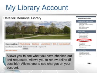 My Library Account
Allows you to see what you have checked out
and requested. Allows you to renew online (if
possible). Allows you to see charges on your
account.
HML
 