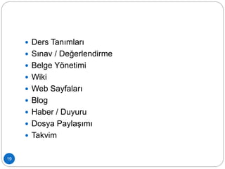 19
 Ders Tanımları
 Sınav / Değerlendirme
 Belge Yönetimi
 Wiki
 Web Sayfaları
 Blog
 Haber / Duyuru
 Dosya Paylaşımı
 Takvim
 