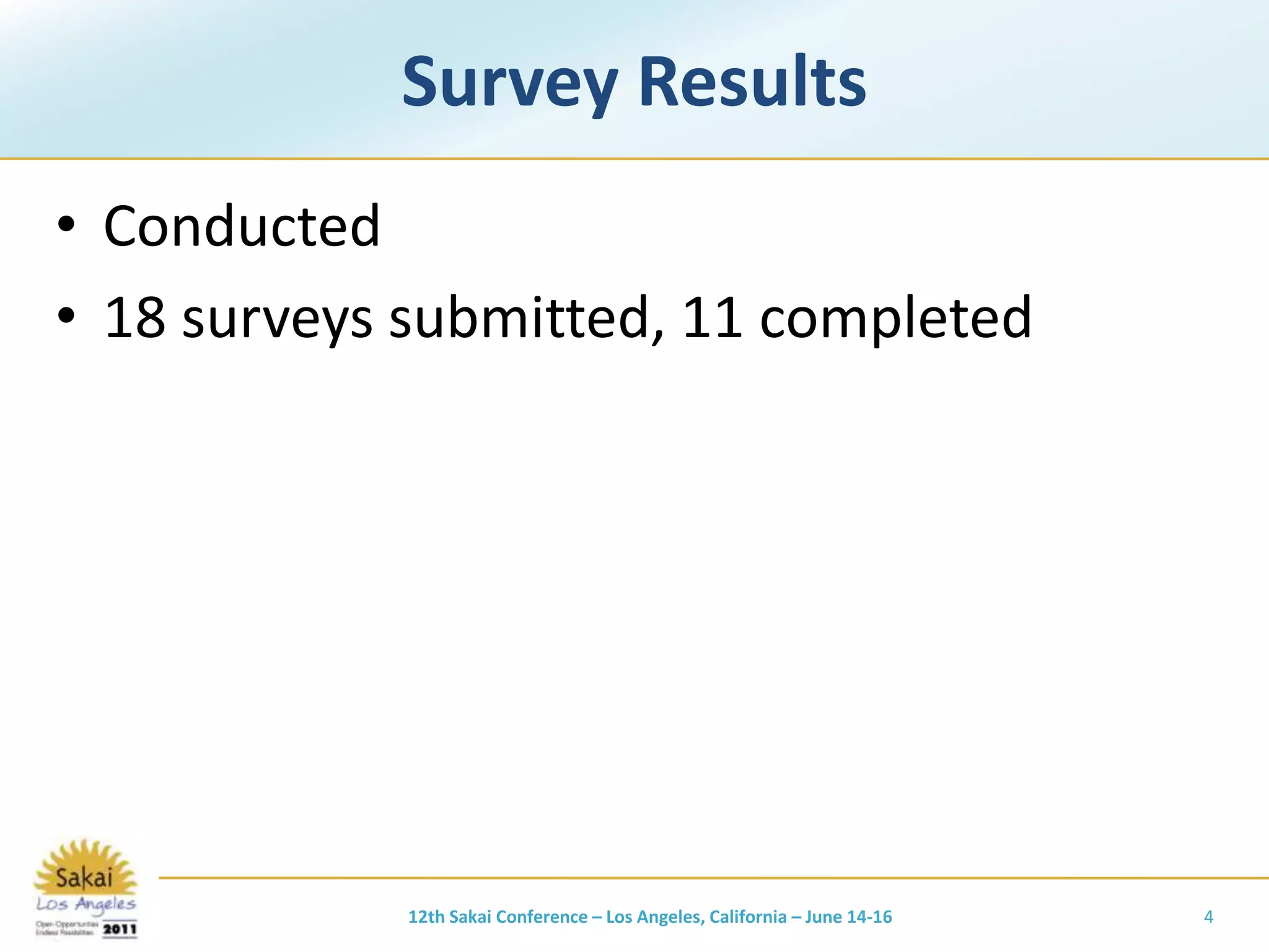 Survey ResultsConducted 18 surveys submitted, 11 completed12th Sakai Conference – Los Angeles, California – June 14-164