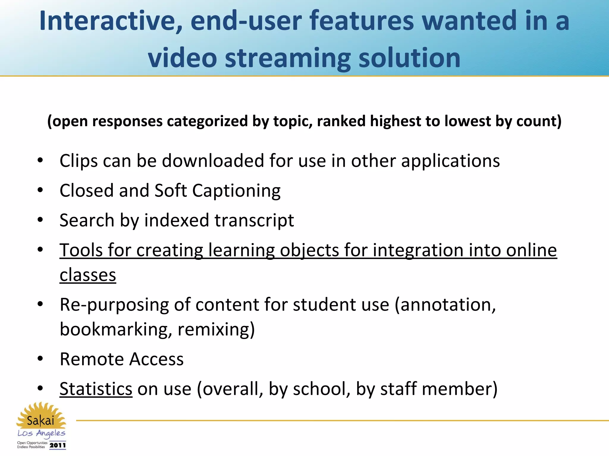 Interactive, end-user features wanted in a video streaming solution Clips can be downloaded for use in other applications Closed and Soft Captioning Search by indexed transcript Tools for creating learning objects for integration into online classes Re-purposing of content for student use (annotation, bookmarking, remixing) Remote Access  Statistics  on use (overall, by school, by staff member) (open responses categorized by topic, ranked highest to lowest by count) 