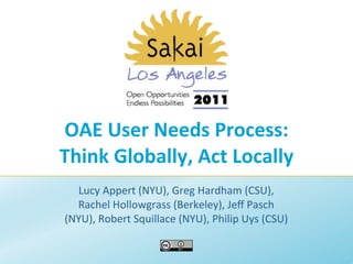 OAE	
  User	
  Needs	
  Process:	
  
Think	
  Globally,	
  Act	
  Locally
  Lucy	
  Appert	
  (NYU),	
  Greg	
  Hardham	
  (CSU),	
  
  Rachel	
  Hollowgrass	
  (Berkeley),	
  Jeﬀ	
  Pasch	
  
(NYU),	
  Robert	
  Squillace	
  (NYU),	
  Philip	
  Uys	
  (CSU)
 