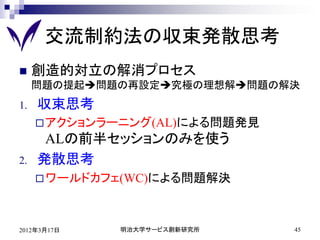 交流制約法の収束発散思考
    創造的対立の解消プロセス
     問題の提起問題の再設定究極の理想解問題の解決
1.   収束思考
      アクションラーニング(AL)による問題発見
      ALの前半セッションのみを使う
2.   発散思考
      ワールドカフェ(WC)による問題解決




2012年3月17日   明治大学サービス創新研究所     45
 