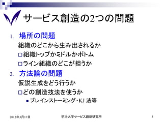 サービス創造の2つの問題
1.   場所の問題
     組織のどこから生み出されるか
      組織トップかミドルかボトム
      ライン組織のどこが担うか

2.   方法論の問題
     仮説生成をどう行うか
      どの創造技法を使うか
          ブレインストーミング・KJ 法等

2012年3月17日        明治大学サービス創新研究所   5
 