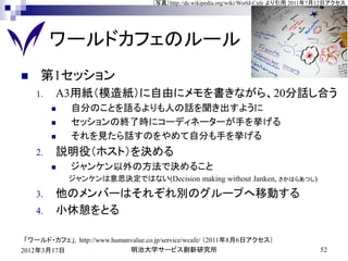 （写真）http://de.wikipedia.org/wiki/World-Cafe より引用 2011年7月12日アクセス




         ワールドカフェのルール
    第1セッション
    1.   A3用紙（模造紙）に自由にメモを書きながら、20分話し合う
            自分のことを語るよりも人の話を聞き出すように
            セッションの終了時にコーディネーターが手を挙げる
            それを見たら話すのをやめて自分も手を挙げる
    2.   説明役（ホスト）を決める
            ジャンケン以外の方法で決めること
             ジャンケンは意思決定ではない(Decision making without Janken, さかはらあつし)

    3.   他のメンバーはそれぞれ別のグループへ移動する
    4.   小休憩をとる

 「ワールド・カフェ」，http://www.humanvalue.co.jp/service/wcafe/ （2011年8月6日アクセス）
2012年3月17日                  明治大学サービス創新研究所                                                 52
 