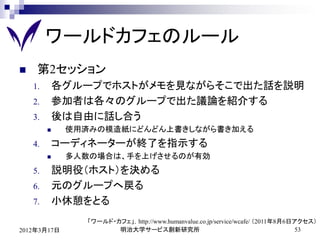 ワールドカフェのルール
    第2セッション
    1.       各グループでホストがメモを見ながらそこで出た話を説明
    2.       参加者は各々のグループで出た議論を紹介する
    3.       後は自由に話し合う
             使用済みの模造紙にどんどん上書きしながら書き加える
    4.       コーディネーターが終了を指示する
             多人数の場合は、手を上げさせるのが有効
    5.       説明役（ホスト）を決める
    6.       元のグループへ戻る
    7.       小休憩をとる
                 「ワールド・カフェ」，http://www.humanvalue.co.jp/service/wcafe/ （2011年8月6日アクセス）
2012年3月17日              明治大学サービス創新研究所                                             53
 