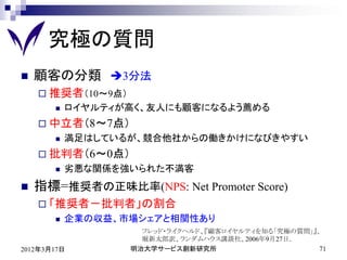 究極の質問
   顧客の分類 3分法
     推奨者（10～9点）
          ロイヤルティが高く、友人にも顧客になるよう薦める
     中立者（8～7点）
          満足はしているが、競合他社からの働きかけになびきやすい
     批判者（6～0点）
          劣悪な関係を強いられた不満客
   指標=推奨者の正味比率(NPS: Net Promoter Score)
     「推奨者－批判者」の割合
          企業の収益、市場シェアと相関性あり
                     フレッド・ライクヘルド、『顧客ロイヤルティを知る「究極の質問」』、
                     堀新太郎訳、ランダムハウス講談社、2006年9月27日．
2012年3月17日         明治大学サービス創新研究所                      71
 