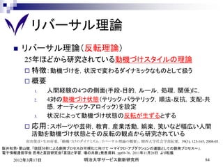 リバーサル理論
      リバーサル理論（反転理論）
       25年ほどから研究されている動機づけスタイルの理論
        特徴：動機づけを，状況で変わるダイナミックなものとして扱う
        概要
          1.    人間経験の4つの側面(手段-目的，ルール，処理，関係)に，
          2.    4対の動機づけ状態（テリック-パラテリック，順法-反抗，支配-共
                感，オーティック-アロイック）を設定
          3.    状況によって動機づけ状態の反転が生ずるとする
        応用：スポーツや芸術，教育，産業活動，娯楽，笑いなど幅広い人間
         活動を動機づけ状態とその反転の観点から研究されている
       雨宮俊彦・生田好重，「動機づけのダイナミズム : リバーサル理論の概要」，関西大学社会学部紀要， 39(3), 123-165, 2008-03.
阪井和男・栗山健，「談話分析による創発プロセスの可視化に向けて ～マイクロ・アブダクションの連鎖としての創発プロセス～」，
電子情報通信学会 思考と言語研究会「言語と学習，場の共創」発表資料，pp69-76，2011年11月26日 より転載

   2012年3月17日               明治大学サービス創新研究所                                 84
 