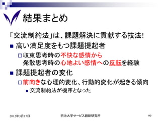 結果まとめ
「交流制約法」は、課題解決に貢献する技法!
 高い満足度をもつ課題提起者
     収束思考時の不快な感情から
      発散思考時の心地よい感情への反転を経験
   課題提起者の変化
     前向きな心理的変化、行動的変化が起きる傾向
          交流制約法が機序となった



2012年3月17日       明治大学サービス創新研究所   99
 