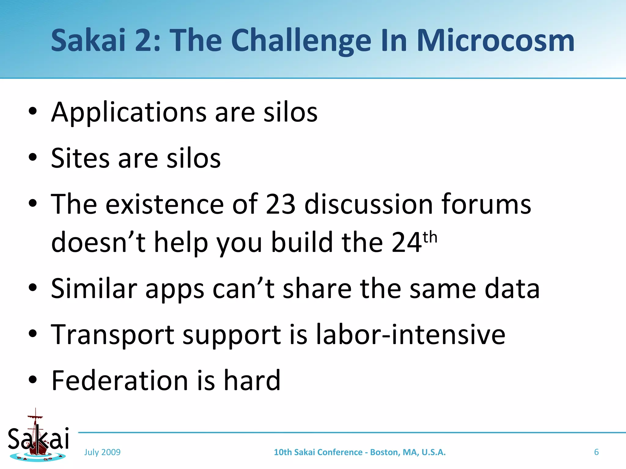 Sakai 2: The Challenge In Microcosm

• Applications are silos
• Sites are silos
• The existence of 23 discussion forums
  doesn’t help you build the 24th
• Similar apps can’t share the same data
• Transport support is labor-intensive
• Federation is hard

    July 2009      10th Sakai Conference - Boston, MA, U.S.A.   6
 