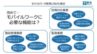 モバイルワーク実現に向けた検討
施設管理業務
⾒たい時に
⾒れる
場所と内容を
同時に記録
同時に多くの⼈に
情報を伝える
図⾯修正前後の
変更箇所が分かる
監査業務
講評⽂書を
簡単に作成
監査履歴を
確認する
チェックリストに
⼊⼒できる
根拠法令を
探せる
苦情対応業務
⾃動で⼊⼒
できる
記録内容を
即情報共有
スケジュールを
確認できる
分かりやすい
指摘内容を提案
改めて…
モバイルワークに
必要な機能は︖
 