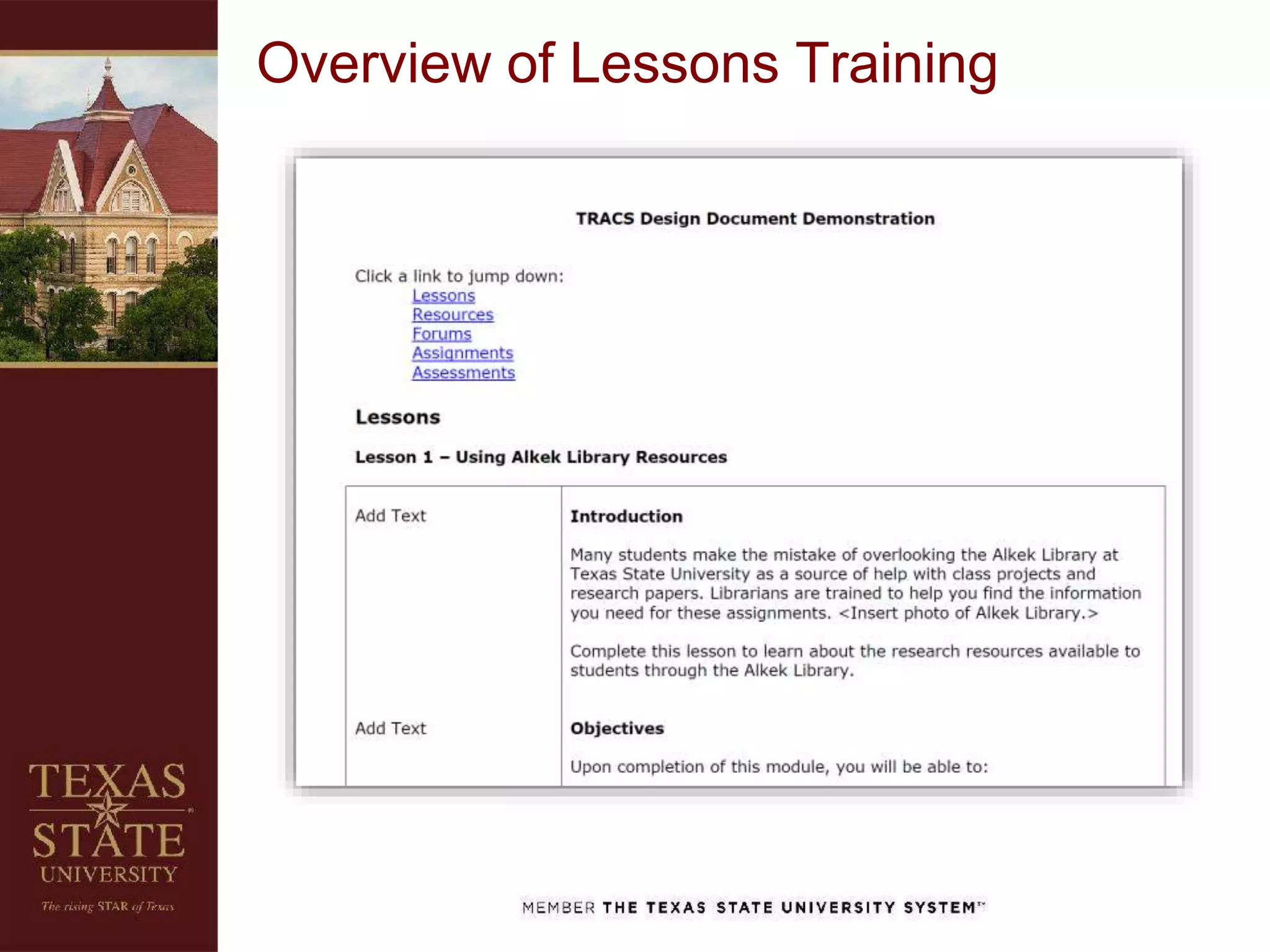 Overview of Lessons Training
 