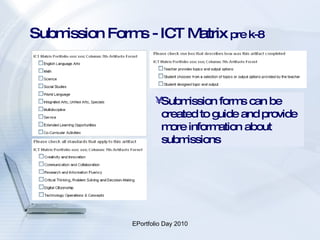 Submission Forms - ICT Matrix  pre k-8 Submission forms can be created to guide and provide more information about submissions 