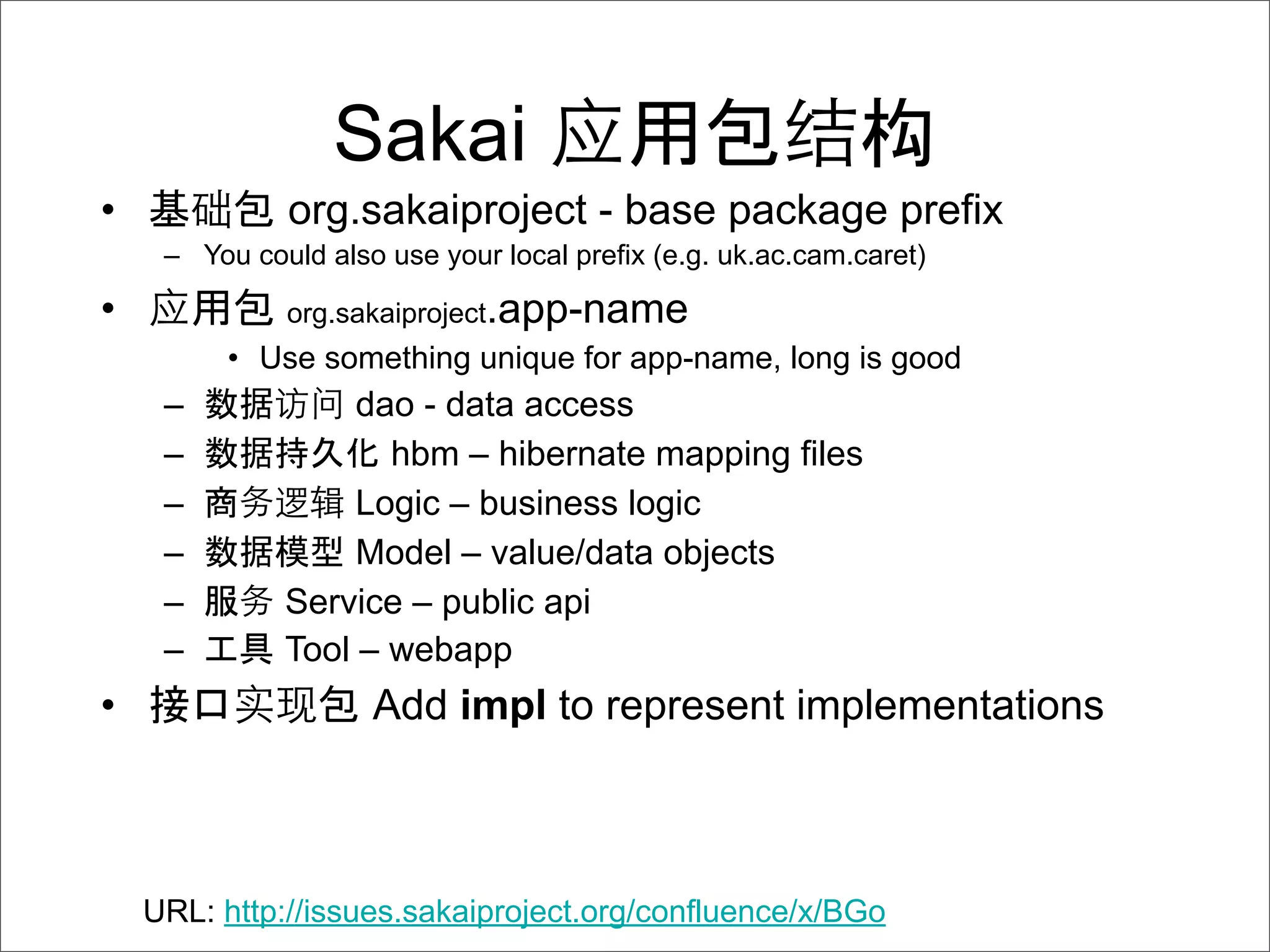 Sakai                                     构
•             org.sakaiproject - base package prefix
     – You could also use your local prefix (e.g. uk.ac.cam.caret)

•             org.sakaiproject.app-name
          • Use something unique for app-name, long is good
     –             dao - data access
     –               hbm – hibernate mapping files
     –             Logic – business logic
     –             Model – value/data objects
     –        Service – public api
     –        Tool – webapp
•                    Add impl to represent implementations



    URL: http://issues.sakaiproject.org/confluence/x/BGo
 
