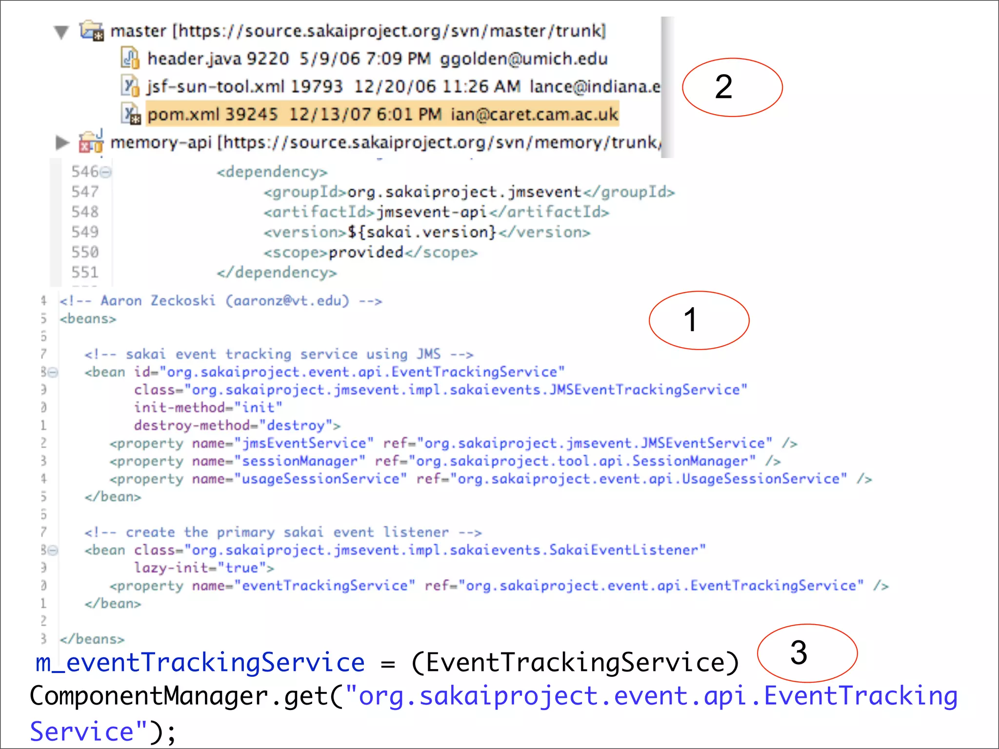 2




                                           1




m_eventTrackingService = (EventTrackingService)    3
ComponentManager.get("org.sakaiproject.event.api.EventTracking
Service");
 