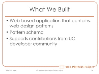 What We Built Web-based application that contains web design patterns  Pattern schema Supports contributions from UC developer community May 12, 2006 U.C. Berkeley Web Design Patterns Library 