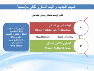 ‫لإلنسانية‬ ‫ثقافي‬ ‫الماكرو‬ ‫البعد‬ ‫و‬ ‫الجديدة‬ ‫الميديا‬
22/02/2018 3
‫ببعدين‬ ‫متصلتان‬ ‫الوسيط‬ ‫قضايا‬‫إجتماعيين‬
‫المدقق‬ ‫الفردي‬ ‫الوضع‬
Micro Individual - Suituation
‫الشامل‬ ‫الثقافي‬ ‫المستوى‬
Macro Cultural Level
1
2
David Mitchell ‫و‬ David J. Crowley
‫هيكلة‬ ‫أدوات‬ ‫إلى‬ ‫تتحول‬
،‫االجتماعية‬ ‫للبيئة‬
‫اإلستقرار‬‫التعص‬ ‫و‬ ‫الثقافي‬‫ب‬
Meyrowitz
‫تسيير‬ ‫و‬ ‫للحكم‬ ‫أداة‬ ‫و‬
‫البعيدة‬ ‫المناطق‬
Innis Harold
 