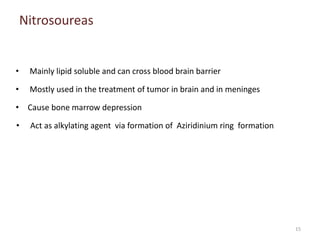 Nitrosoureas
• Mainly lipid soluble and can cross blood brain barrier
• Mostly used in the treatment of tumor in brain and in meninges
• Cause bone marrow depression
• Act as alkylating agent via formation of Aziridinium ring formation
15
 