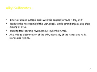 Alkyl Sulfonates
• Esters of alkane sulfonic acids with the general formula R-SO2-O-R‘
• leads to the misreading of the DNA codes, single-strand breaks, and cross-
-linking of DNA.
• Used to treat chronic myelogenous leukemia (CML).
• Also lead to discoloration of the skin, especially of the hands and nails,
rashes and itching.
20
 