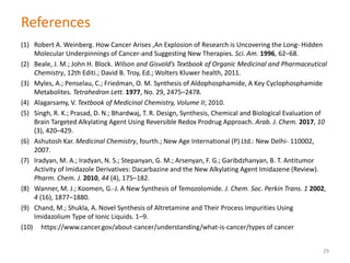 References
(1) Robert A. Weinberg. How Cancer Arises ,An Explosion of Research is Uncovering the Long- Hidden
Molecular Underpinnings of Cancer-and Suggesting New Therapies. Sci. Am. 1996, 62–68.
(2) Beale, J. M.; John H. Block. Wilson and Gisvold’s Textbook of Organic Medicinal and Pharmaceutical
Chemistry, 12th Editi.; David B. Troy, Ed.; Wolters Kluwer health, 2011.
(3) Myles, A.; Penselau, C.; Friedman, O. M. Synthesis of Aldophosphamide, A Key Cyclophosphamide
Metabolites. Tetrahedron Lett. 1977, No. 29, 2475–2478.
(4) Alagarsamy, V. Textbook of Medicinal Chemistry, Volume II; 2010.
(5) Singh, R. K.; Prasad, D. N.; Bhardwaj, T. R. Design, Synthesis, Chemical and Biological Evaluation of
Brain Targeted Alkylating Agent Using Reversible Redox Prodrug Approach. Arab. J. Chem. 2017, 10
(3), 420–429.
(6) Ashutosh Kar. Medicinal Chemistry, fourth.; New Age International (P) Ltd.: New Delhi- 110002,
2007.
(7) Iradyan, M. A.; Iradyan, N. S.; Stepanyan, G. M.; Arsenyan, F. G.; Garibdzhanyan, B. T. Antitumor
Activity of Imidazole Derivatives: Dacarbazine and the New Alkylating Agent Imidazene (Review).
Pharm. Chem. J. 2010, 44 (4), 175–182.
(8) Wanner, M. J.; Koomen, G.-J. A New Synthesis of Temozolomide. J. Chem. Soc. Perkin Trans. 1 2002,
4 (16), 1877–1880.
(9) Chand, M.; Shukla, A. Novel Synthesis of Altretamine and Their Process Impurities Using
Imidazolium Type of Ionic Liquids. 1–9.
(10) https://www.cancer.gov/about-cancer/understanding/what-is-cancer/types of cancer
29
 