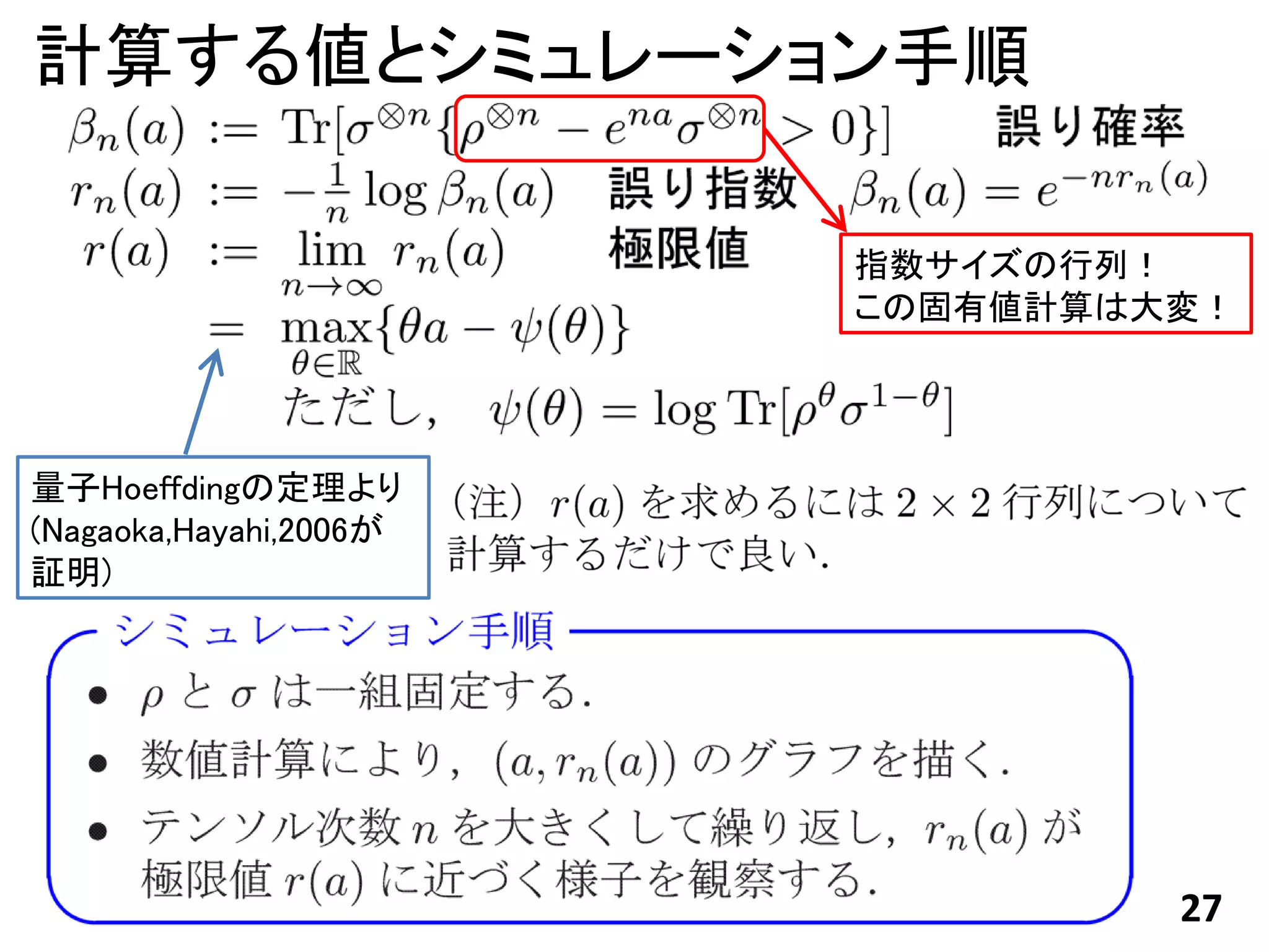 計算する値とシミュレーション手順

                        指数サイズの行列！
                        この固有値計算は大変！




量子Hoeffdingの定理より
(Nagaoka,Hayahi,2006が
証明)




                                 27
 