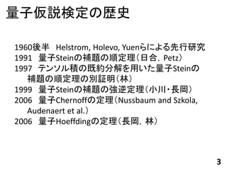 量子仮説検定の歴史

1960後半 Helstrom, Holevo, Yuenらによる先行研究
1991 量子Steinの補題の順定理（日合，Petz）
1997 テンソル積の既約分解を用いた量子Steinの
   補題の順定理の別証明（林）...