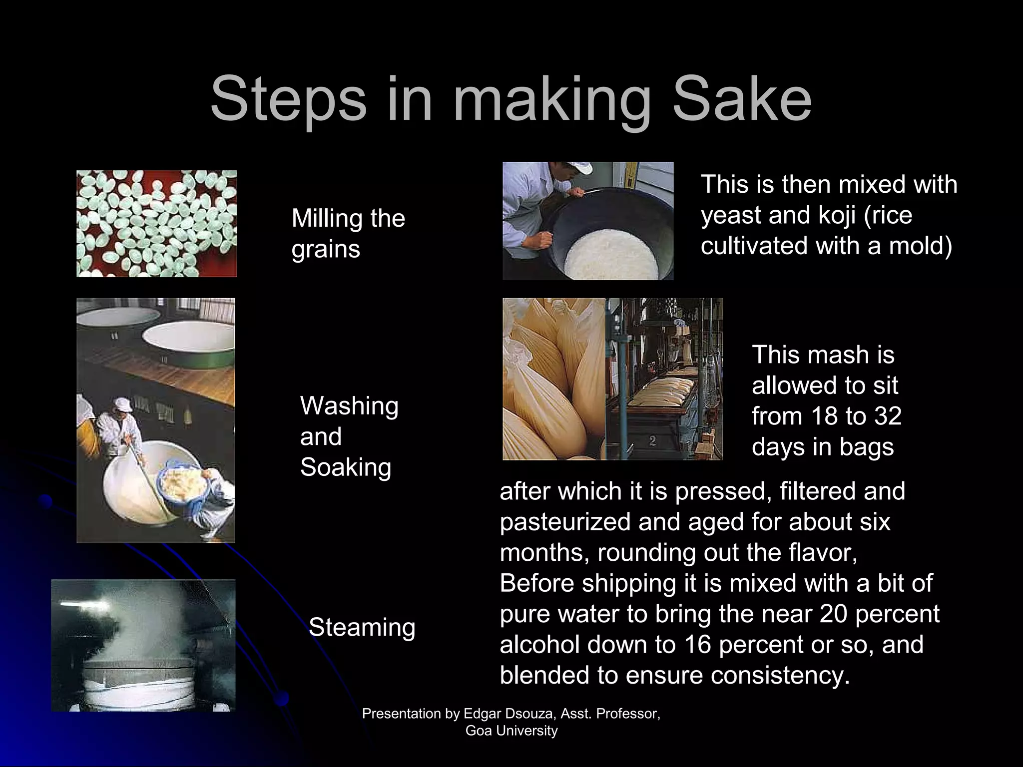 SStteeppss iinn mmaakkiinngg SSaakkee 
Milling the 
grains 
Washing 
and 
Soaking 
Steaming 
This is then mixed with 
yeast and koji (rice 
cultivated with a mold) 
This mash is 
allowed to sit 
from 18 to 32 
days in bags 
after which it is pressed, filtered and 
pasteurized and aged for about six 
months, rounding out the flavor, 
Before shipping it is mixed with a bit of 
pure water to bring the near 20 percent 
alcohol down to 16 percent or so, and 
blended to ensure consistency. 
PPrreesseennttaattiioonn bbyy EEddggaarr DDssoouuzzaa,, AAsssstt.. PPrrooffeessssoorr,, 
GGooaa UUnniivveerrssiittyy 
 