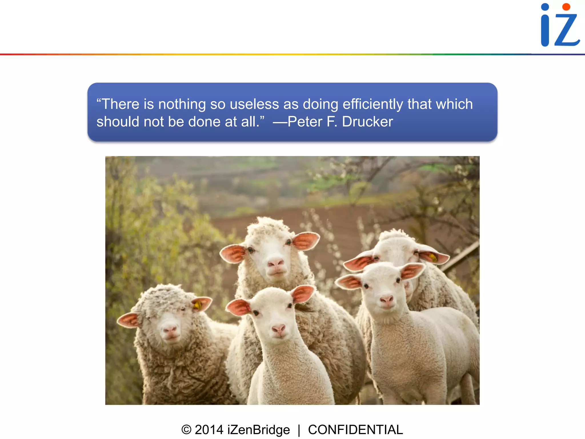 © 2014 iZenBridge | CONFIDENTIAL 
“There is nothing so useless as doing efficiently that which should not be done at all.” —Peter F. Drucker  