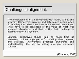 Challenge in alignment:
The understanding of an agreement with vision, values and
strategy. Competent, creative and determined people often
do not buy into what they have not invented themselves.
They have to be convinced of the value of what was
invented elsewhere, and that is the first challenge in
establishing total alignment.
Solution: executives should take as much time as
necessary to involve people in formulating vision, values,
and strategy. Involvement produces ownership and
understanding, the key to uniting divergent corporate
cultures.

(Khadem, 2008)

 