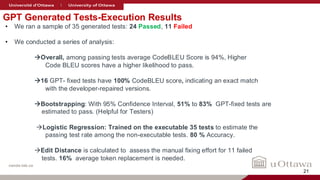 nanda-lab.ca
GPT Generated Tests-Execution Results
• We ran a sample of 35 generated tests: 24 Passed, 11 Failed
• We conducted a series of analysis:
→Overall, among passing tests average CodeBLEU Score is 94%, Higher
Code BLEU scores have a higher likelihood to pass.
→16 GPT- fixed tests have 100% CodeBLEU score, indicating an exact match
with the developer-repaired versions.
→Bootstrapping: With 95% Confidence Interval, 51% to 83% GPT-fixed tests are
estimated to pass. (Helpful for Testers)
→Logistic Regression: Trained on the executable 35 tests to estimate the
passing test rate among the non-executable tests. 80 % Accuracy.
→Edit Distance is calculated to assess the manual fixing effort for 11 failed
tests. 16% average token replacement is needed.
21
 