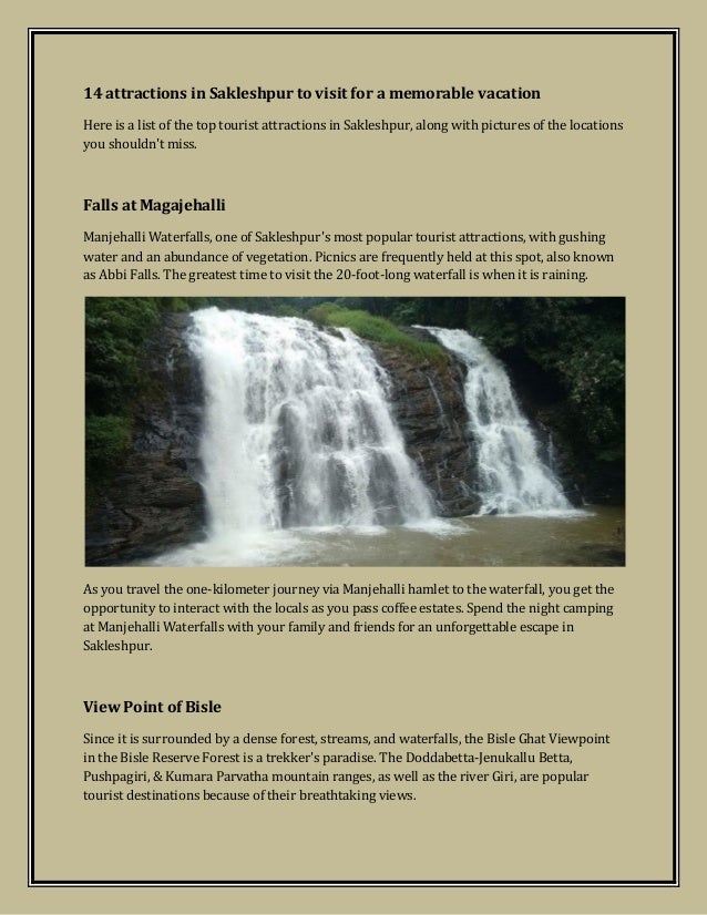 Sakleshpur Tourist Attractions Sightseeing Pdf