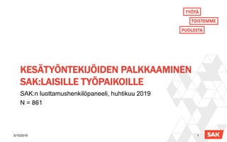 KESÄTYÖNTEKIJÖIDEN PALKKAAMINEN
SAK:LAISILLE TYÖPAIKOILLE
SAK:n luottamushenkilöpaneeli, huhtikuu 2019
N = 861
5/10/2019 1
 