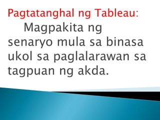 Pagtatanghal ng Tableau:
Magpakita ng
senaryo mula sa binasa
ukol sa paglalarawan sa
tagpuan ng akda.
 