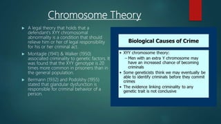 Chromosome Theory
 A legal theory that holds that a
defendant's XYY chromosomal
abnormality is a condition that should
relieve him or her of legal responsibility
for his or her criminal act.
 Montagle (1941) & Walker (1950)
associated criminality to genetic factors. It
was found that the XYY genotype is 20
times more common in prisoners than in
the general population.
 Bermann (1932) and Podolshy (1955)
stated that glandular dysfunction is
responsible for criminal behavior of a
person.
 