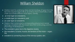 William Sheldon
 Sheldon took his underlying ideas and terminology of types from the
fact that a human begins life as an embryo that is essentially a tube
made up of three different tissue layers, namely,
 an inner layer (or endoderm),
 a middle layer (or mesoderm), and
 an outer layer (or ectoderm).
 Sheldon then constructed a corresponding physical and mental
typology consistent with the known facts from embryology and the
physiology of development.
 The endoderm gives rise to the digestive viscera;
 the mesoderm, to bone, muscle, and tendons of the motor – organ;
the
 ectoderm to connecting tissue of the nervous system, skin.
 