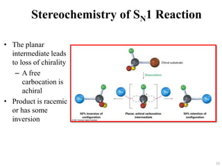 15
Stereochemistry of SN1 Reaction
• The planar
intermediate leads
to loss of chirality
– A free
carbocation is
achiral
• Product is racemic
or has some
inversion
 