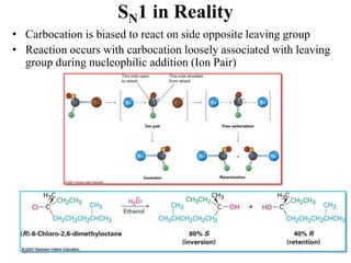 16
SN1 in Reality
• Carbocation is biased to react on side opposite leaving group
• Reaction occurs with carbocation loosely associated with leaving
group during nucleophilic addition (Ion Pair)
7/17/2021
 