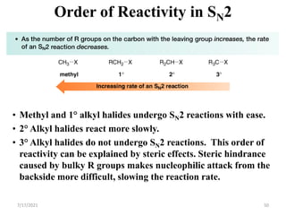 • Methyl and 1° alkyl halides undergo SN2 reactions with ease.
• 2° Alkyl halides react more slowly.
• 3° Alkyl halides do not undergo SN2 reactions. This order of
reactivity can be explained by steric effects. Steric hindrance
caused by bulky R groups makes nucleophilic attack from the
backside more difficult, slowing the reaction rate.
Order of Reactivity in SN2
7/17/2021 50
 