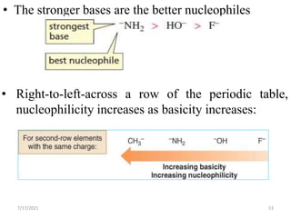 • The stronger bases are the better nucleophiles
7/17/2021 53
• Right-to-left-across a row of the periodic table,
nucleophilicity increases as basicity increases:
 