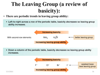 • There are periodic trends in leaving group ability:
The Leaving Group (a review of
basicity):
7/17/2021 56
 