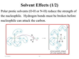 59
Solvent Effects (1/2)
Polar protic solvents (O-H or N-H) reduce the strength of
the nucleophile. Hydrogen bonds must be broken before
nucleophile can attack the carbon.
7/17/2021
 