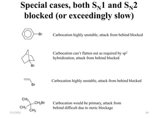Special cases, both SN1 and SN2
blocked (or exceedingly slow)
Br
Br
Br
CH3
CH3
CH3
CH2Br
Carbocation highly unstable, attack from behind blocked
Carbocation highly unstable, attack from behind blocked
Carbocation would be primary, attack from
behind difficult due to steric blockage
Carbocation can’t flatten out as required by sp2
hybridization, attack from behind blocked
7/17/2021 69
 