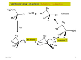Cl
Et2(HO)C
H
Me
Et2
C
H
Me
HO
OH
Cl
Et2
C
H
Me
O
Et2
C
H
Me
O
Et2
C
H
Me
-
O
OH
NaOH Retention
-
OH
-
OH
-
OH
Inversion 1 Inversion 2
Neighboring Group Participation : Retention of configuration
7/17/2021 78
 