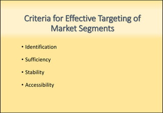 Criteria for Effective Targeting of
Market Segments
• Identification
• Sufficiency
• Stability
• Accessibility
 