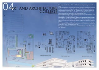 04ART AND ARCHITECTURE
COLLEGEAHEMDABAD
SARDARBRIDGE
12 M WIDE ROAD
SITE PLAN
10MWIDEROAD
18 M RIVERFRONT WIDE ROAD
PARKING
AUDITORIUM AND MULTIPURPOSE HALL
STAFF QUATERS
STAFF QUATERS
MESS AND
COMMUNITY
HALL
BOYS HOSTEL
GIRLS HOSTEL
ART AND ARCHITECTURE COLLEGE
PRINCIPAL'S
HOUSE
ENTRY/EXIT
The scope of education of Art and Architecture is growing exponently in
india
A well reputed trust known for the quality education and having chain of
Art and Architecture colleges throughout India has acquired a piece of
land admeasuring 26000 Sq. M. The said plot is a part of closed Cal-
icoTextile Mills and abutting on the Sabarmati Riverfront and has slope
upwards away from as given in the attached Site Plan.
Presently there are four colleges offering UG course in Architecture and
one among them offering PG course.
Management of trust proposes to develop full-fledged ‘Art and Architec-
ture College’ with Hostel and Staff Quartets with all learning and teach-
ing environment with appropriate spaces as given in the spatial require-
ments.
The proposed College fulfills all requirements of the statutory bodies like
CoA, AICTE, DTE, University, DCPR, etc.
The Art and Architecture learning is complimentary to each other and
not exclusive.
177.6M
162.2M
185.3M
149.4M
83°
80°
90°
+10
+09
+07
+08
+06
+05
+04
+03
+02
+1
+0.85
+0.7
+0.55
+0.4
+0.25
+0.4
CONSTRUCTION
YARD 178sq.m 8920
20000
250
16
15
14
13
12
11
10
9
8
7 17
18
19
20
654321
21
22
23
27
28
29
30
31
32
33
34
35
36
37
38
39
40
41
42
43
44 45
46
47
48
49
50
51
52
56
57
+2
+1.85
+1.7
+1.55
+1.4
+1.25
+1.1
+1.1
4804
5250
Machine C 606
Milk-Shake + Ice-
Taylor
Shake
Coffee machine
STORE ROOM
2000
3000
KITCHEN
53
54
55
24
25
26
ADMIN
8000 x 9000
PRINCIPAL'S CABIN
MEDICAL ASSISTANCE
4650 X 7500
STAFF AREA
COMPUTER CENTER
7125 X 11000
PRINCIPAL'S CABIN
SEMINAR HALL
10000 X 14000
LAB 1
6750 X 5464
MAINTENANCE ROOM
6923 X 5000
NATA CENTER
7000 X 11328
MATERIALMUSEUM
6750X11425MATERIALTESTINGLAB
6750X11425
SCULPTURE
STUDIO
10000 X 14000
PHOTOGRAPHY
STUDIO
10000X 6000
TUTORIAL ROOM
10000 X 7000
STORE
6000 X 3827
PRINTING
ROOM 7000 X 7000
MAINTENANCE
ROOM 7000 X 4685
ZEN AREA
+2
+1.85
+1.7
+1.55
+1.4
+1.25
+1.1
CLASSROOM
10000X6000
STUDIO
10000X14000
STUDIO
10000X14000
CLASSROOM
10000X6000
CLASSROOM
10000X6000
STUDIO
10000X14000
DOWN
STUDIO
10000X14000
RECORD ROOM
4000 x 7500
STAFF AREA
8000 x 9000
CLASSROOM
10000X6000
CLASSROOM
10000X6000
CLASSROOM
10000X6000
SCULPTURE
STUDIO
10000X14000
SCULPTURE
STUDIO
10000X14000
ADMIN
8000 x 9000
RECORD ROOM
4000 x 7500
UP
UP
PRINCIPAL'S CABIN
5000 X 7500
UP
UP
UP
UP
ZEN AREA
WAITINGAREA
UP
UP
+1.1
+2.2
+2.2
TUTORIAL ROOM
10000 X 7000
PHOTOGRAPHY
STUDIO
10000X 6000
UP
UP
+2.2
GIRLS TOILETBOYS TOILET
TEACHER'S LOUNGE
ART COURT
UP
UP
UP
COMPUTER CENTRE
SEMINAR HALL
NASAROOM
BOYSCOMMONROOM
10750X6750COMPUTERCENTRE
GIRLSCOMMONROOM
11695X6759
RESOURCECENTRE
EXAMINATIONROOM
10000X6900
LAB15850X7050
LAB210000X5000
SEMINARHALL
PRINTING
ROOM6785X4482
WORKSHOP
PAINTING
STUDIO
PAINTING
STUDIO
GAMESROOM
10000X14000
PRINTING
ROOM 9900 X 7500
SCULPTURE
STUDIO
10000 X 14000
CLASSROOM
10000X6000
STUDIO
10000X14000
STUDIO
10000X14000
CLASSROOM
10000X6000
CLASSROOM
10000X6000
STUDIO
10000X14000
STUDIO
10000X14000
CLASSROOM
10000X6000
CLASSROOM
10000X6000
CLASSROOM
10000X6000
PHOTOGRAPHY
STUDIO 1400 X 7500
ZEN AREA
ART COURT
TUTORIAL ROOM
10000 X 7000
TUTORIAL ROOM
10000 X 7000
PHOTOGRAPHY
STUDIO
10000X 6000
PHOTOGRAPHY
STUDIO
10000X 6000
STORE
6000 X 3827
LIBRARY
GROUND FLOOR PLAN
FIRST FLOOR PLAN SECOND FLOOR PLAN
SITE
 