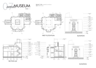 07SAMBHAJIMUSEUMWORKING DRAWING
FIRST FLOOR PLAN
FIRST FLOOR LINTEL LEVEL
+6450MM
FIRST FLOOR SILL LEVEL
+5250MM
TERRACE FLOOR LEVEL
+7800MM
FIRST FLOOR LEVEL
+4350MM
GROUND FLOOR SILL LEVEL
+1950MM
PLINTH LEVEL
+1050MM
GROUND FLOOR LINTEL LEVEL
+3150MM
TERRACE FLOOR PARAPET LEVEL
+7800MM
TERRACE FLOOR LINTEL LEVEL
+7800MM
MUMMTI LEVEL
+7800MM
WATER TANK LEVEL
+7800MM
GROUND LEVEL
+1950MM
YEAR2SEM2
PROJECT TYPE: SAMBHAJI MUSEUM
SITE: BIBWEWADI
ENTRANCE
TICKET AND
BAGAGE COUNTER.
MANAGERS CABIN.
TOILET
TOILET
PASSAGE
300300
1270
3000
2000
2270 2270
1000
1200
1000
3197
3000
3800
160016003522000122
395 2000 1000 2000 600
80
2540
12609002749900
3970
8091800809
3418
2332500464
300
1200
4204202400
3330
UP
230
75
75
900
200
900500 500
9002633
8540
10289
10214
V1
2100
2500
W1
900
2100
V2
2100
2500
V3
1200
2100
V3
1200
2100
V3
1200
2100
V3
1200
2100
V2
2100
2500
V2
2100
2500
V2
2100
2500
V1
2100
2500
D1
D2
D2
D3
1 2 3 4 5 6 7
1234567891011
11
0 67 5 4 3 2 1 0
Riser=300mm.
trade=150mm
Riser=300mm.
trade=150mm
Riser=300mm.
trade=150mm
0
1812 13 14 15 16 17 19 20 21
LEVEL 1050
LEVEL 1050
LEVEL 1030
LEVEL 1010
LEVEL 1010
LEVEL 1010 LEVEL 1010LEVEL 1030
SUNK 200
SUNK 200
LEVEL 1050
LEVEL 1050
LEVEL 2700
LEVEL 00.00
W2
2550
4300
2000
54047275075045
1497
334600334
513
2557
1260
1497 30
2513
900270
82
9001342
1270
150
1020
30
900 400 200
600
600
2716
30
1497
1260600330 330
2550
2000
83
V2
2100
2500
D2 D2
D3
D3
D3
UP
UP
A A'
C' B'
D'
D
C
W3
900
2100
W3
900
2100
DUCT
2400 x 800
DUCT
2550x1000
2244
PASSAGE
1270
2000
2270 2270
1200
1000
3197160016003522000122
395 2000 1000 2000 600
80
2540
1260900
3418
2332500464
300
1200
4204202498
3330
UP
230
8540
10289
10214
V1
2100
2500
V4
2100
2500
2100
2500
V3
1200
2100
V3
1200
2100
V2
2100
2500
V3
1200
2100
V3
1200
2100
V2
2100
2500
V2
2100
2500
V2
2100
2500
V1
2100
2500
D2
33
Riser=300mm.
trade=150mm
4034 35 36 37 41 42 43
LEVEL 4350mm
LEVEL 4350mm
LEVEL 6000mm
LEVEL 00.00
W3
2550
5850
840 370
2093000209
3000
230
4120
2772
220
2538
240
3338
2535
3338
LEVEL 4330mm
SUNK 200
TOILET
TOILET
LEVEL
4310mm
LEVEL
4310mm
LEVEL
4310mm
LEVEL
4310mm
LEVEL 4330mm
SUNK 200
770 230
2000
47275054075045
1497
334600334
513
2557
1260
1497 30
2513
900270
9001342
1270
150
1020
30
900 400 200
600
600
2716
1497
1260600330 330
2550
2000
83
V5
2100
2500
V5
2100
2500
W4
1200
2100
W4
1200
2100
W4
1200
2100
W4
1200
2100
W4
1200
2100
V4
2100
2500
D3 D3
D3
D3
D2
33 2632 31 30 29 25 24 23 22
370370 600 600600
A A'
B
C' B'
D'
D
C
D2
DUCT
2400 x 800
DUCT
2550x1000
2100500550
90012001100
3200
900
350
1550
9001750550100
900
2350950
2400
900
100
100
150
3150
0
1
2
3
4
5
6
7
8
9
10
11
12
13
14
15
16
17
18
19
20
21
22
23
24
25
26
27
28
29
30
31
32
33
34
35
36
37
38
39
40
41
42
43
44
45
W2
W1
V3
W1W1W1
V3
W3 W3
W2
V1 V1
Riser=300mm.
trade=150mm
FIRST FLOOR LINTEL LEVEL
+6450MM
FIRST FLOOR SILL LEVEL
+5250MM
TERRACE FLOOR LEVEL
+7800MM
FIRST FLOOR LEVEL
+4350MM
GROUND FLOOR SILL LEVEL
+1950MM
PLINTH LEVEL
+1050MM
GROUND FLOOR LINTEL LEVEL
+3150MM
TERRACE FLOOR PARAPET LEVEL
+7800MM
TERRACE FLOOR LINTEL LEVEL
+7800MM
MUMMTI LEVEL
+7800MM
WATER TANK LEVEL
+7800MM
GROUND LEVEL
+1950MM
SUNK 150
2200
HARD STRATA
MURUM FILLING
PCC BED
3300
3250
2100
150
550
900
150
2030
110
90
1240900900
3200
3040
350
900
90012401050
90
110
2030
1050
200210050
100
1250
350
2100500550
3190
900
150
V1
V3
D2
6
7
5
4
3
2
1
0
D2
V2
V5
V1
w1
V3
D1
W1
W1
D1
FIRST FLOOR LINTEL LEVEL
+6450MM
FIRST FLOOR SILL LEVEL
+5250MM
TERRACE FLOOR LEVEL
+7800MM
FIRST FLOOR LEVEL
+4350MM
GROUND FLOOR SILL LEVEL
+1950MM
PLINTH LEVEL
+1050MM
GROUND FLOOR LINTEL LEVEL
+3150MM
TERRACE FLOOR PARAPET LEVEL
+7800MM
TERRACE FLOOR LINTEL LEVEL
+7800MM
MUMMTI LEVEL
+7800MM
WATER TANK LEVEL
+7800MM
GROUND LEVEL
+1950MM
SUNK 200
SUNK 200
SUNK 150
DUCT
HARD STRATA
MURUM
FILLING
PCC BED
3300
3400
ELEVATION
FIRST FLOOR LINTEL LEVEL
+6450MM
FIRST FLOOR SILL LEVEL
+5250MM
TERRACE FLOOR LEVEL
+7800MM
FIRST FLOOR LEVEL
+4350MM
GROUND FLOOR SILL LEVEL
+1950MM
PLINTH LEVEL
+1050MM
GROUND FLOOR LINTEL LEVEL
+3150MM
TERRACE FLOOR PARAPET LEVEL
+7800MM
TERRACE FLOOR LINTEL LEVEL
+7800MM
MUMMTI LEVEL
+7800MM
WATER TANK LEVEL
+7800MM
GROUND LEVEL
+1950MM
ELEVATION
SECTION AA’
 