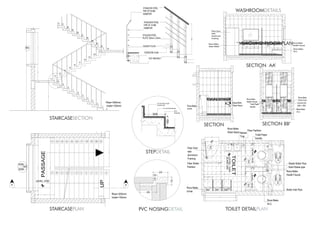 GROUND FLOOR PLAN
1550
9001750
0
1
2
3
4
5
6
7
8
9
10
11
12
13
14
15
16
17
18
19
20
21
22
23
24
25
26
27
28
29
30
31
W2
Riser=300mm.
trade=150mm
PASSAGE
16001600352
300
1200
4204202498
3330
UP
230
1234567891011
11
Riser=300mm.
trade=150mm
0
1812 13 14 15 16 17 19 20 21
LEVEL 2700
W2
2550
4300
A A'
23
6
5
13
25
NUT AND BOLT
STAIRCASE SLAB
GUSSET PLATE
STAINLESS STEEL
PIPE OF 10 MM
DIAMETER
STAINLESS STEEL
PIPE OF 50 MM
DIAMETER
STAILESS STEEL
PLATE 100mm x 25mm
900
TOILET
V3
1200
2100
1200
V3
2100
D3
LEVEL1030
LEVEL1010LEVEL1010
SUNK200
150
4001020
900
30
600
600
900200
1497
2716
330
600
30
330
1260
D2
2000
2550
D3
Fiber Door
with
aluminium
Framing
Fiber Sheet
Partition
Roca Make
Urinal.
Roca Make
W.C.
Roca Make
Health Faucet.
Solid Waste pipe
Waste Water Pipe
Toilet Paper
Handle
Fiber Partition
Nahani
Trap.
Roca Make
Wash Basin.
Water Inlet Pipe.
820
450
400
450
200
1350
Roca Make
Urinal.
Roca Make
Wash Besin.
450
460
900
1240
450
460
900
2140
Ceramic tile
(450 x 300)
Roca Make
Flush Cock.
Roca Make
W.C.
Roca Make
Health Faucet.
Toilet Paper
Handel.
TOILET DETAILPLAN
SECTION AA’
SECTION SECTION BB’
STAIRCASEPLAN
STAIRCASESECTION
WASHROOMDETAILS
PVC NOSINGDETAIL
PVC
Nosining
12 mm thick Mortar
10 mm thick rough
Ceramic tile
300
150
STEPDETAIL
1830
2100
820
1200
750
450
750
Roca Make
W.C.
Roca Make
Health Faucet.
Roca Make
Wash Basin.
Fiber Door
With
Aluminium
Framing
 