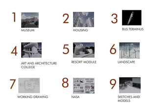 1
BUS TERMINUS
ART AND ARCHITECTURE
COLLEGE
4
RESORT MODULE
5
LANDSCAPE
6
WORKING DRAWING
7 8
NASA
9
SKETCHES AND
MODELS
MUSEUM
2
HOUSING
3
 